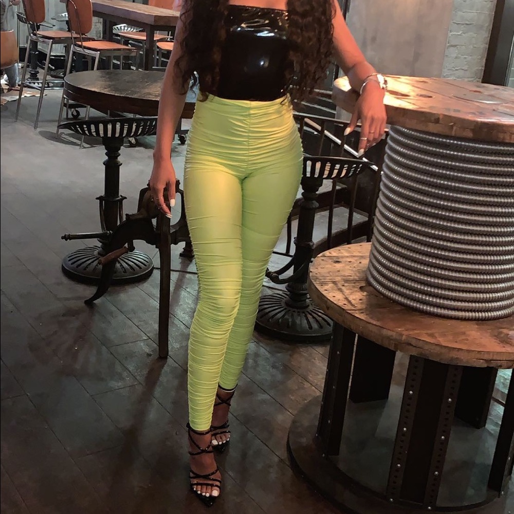 Lime green, faux leather leggings